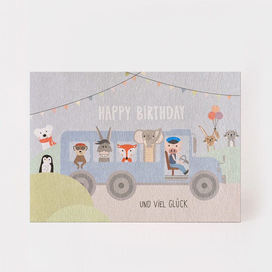 Postkarte - Happy Birthday - Tiere im Bus