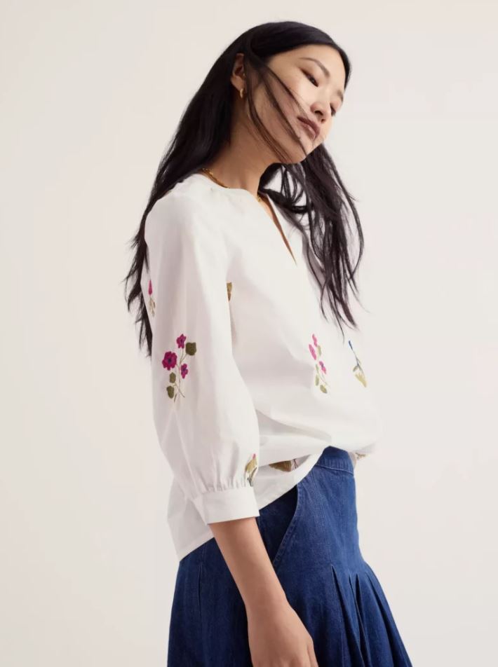 Shirt - Grace Embroidered Top - Flora Embroidery Chalk