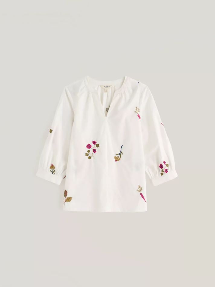 Shirt - Grace Embroidered Top - Flora Embroidery Chalk