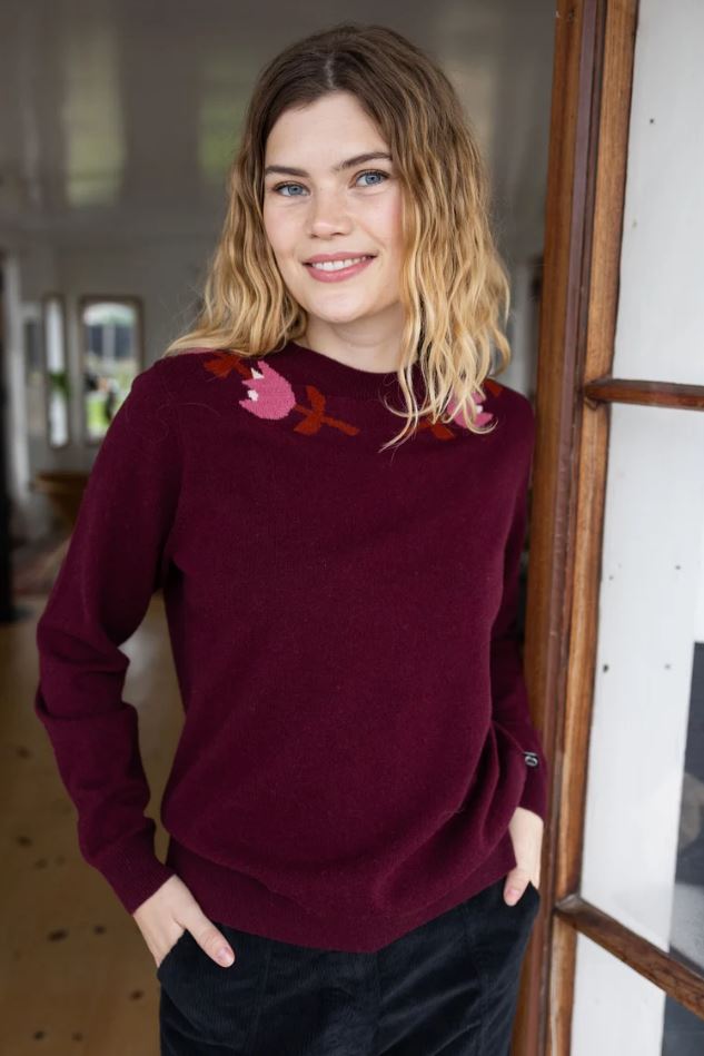 Pullover - Danevibe Merino Wool Sweater Dark Wine FLOWER