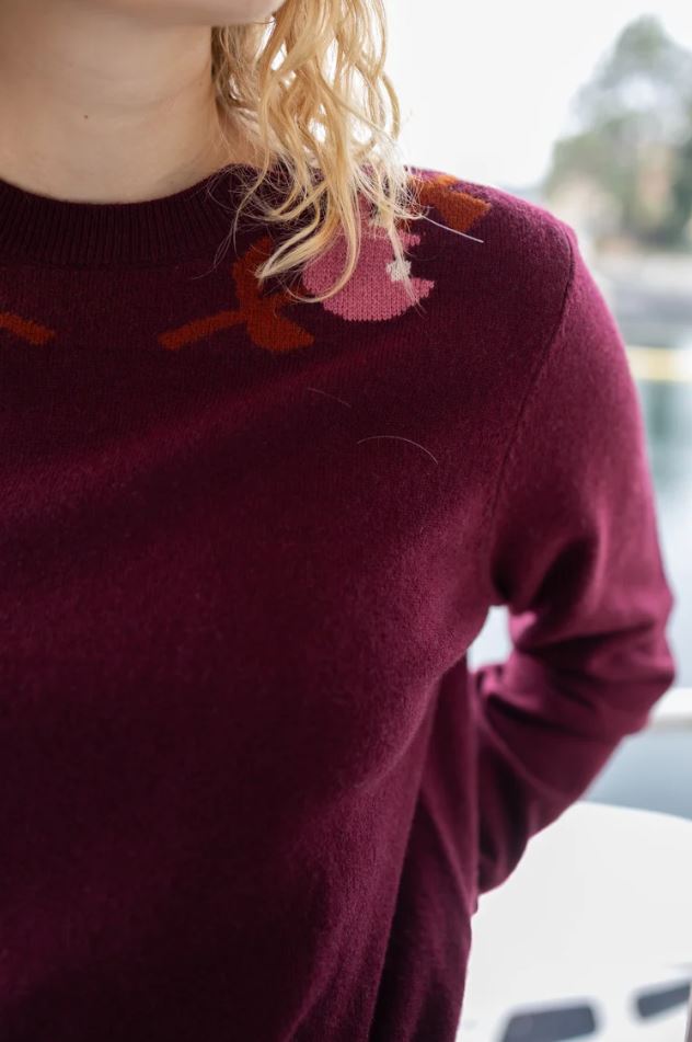 Pullover - Danevibe Merino Wool Sweater Dark Wine FLOWER