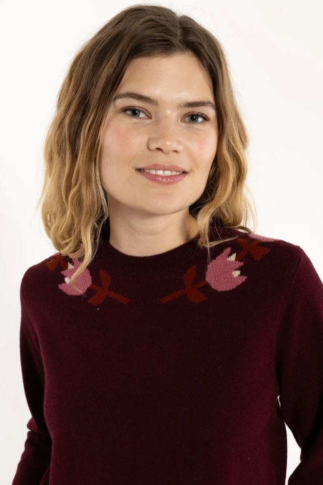 Pullover - Danevibe Merino Wool Sweater Dark Wine FLOWER