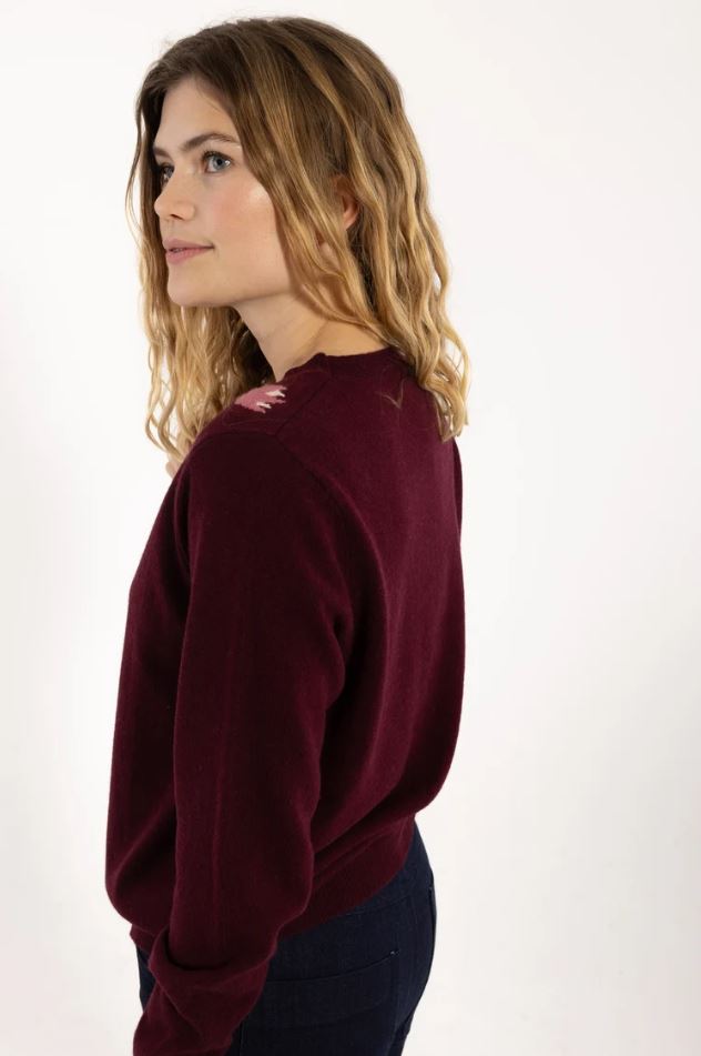 Pullover - Danevibe Merino Wool Sweater Dark Wine FLOWER