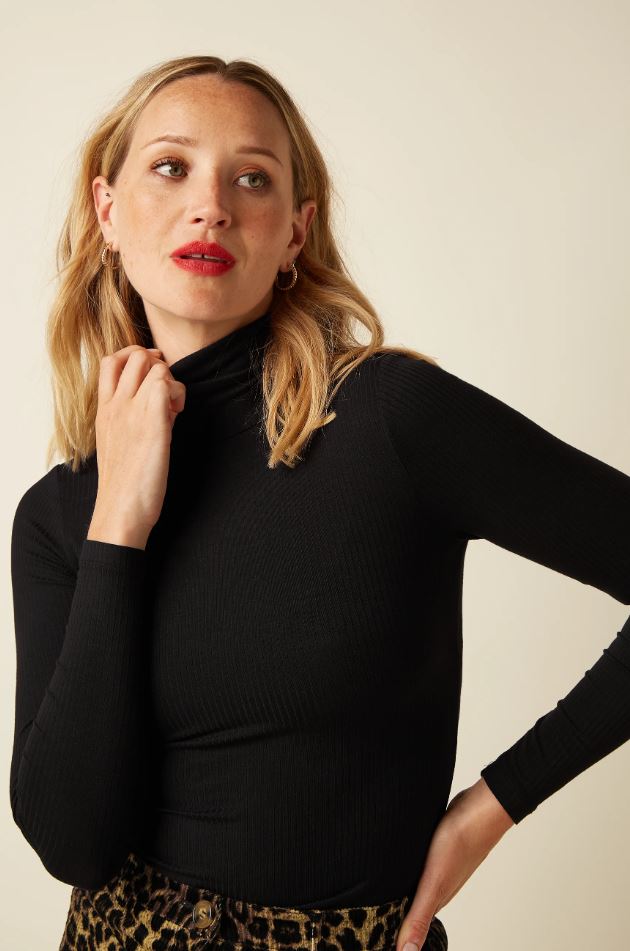 Rollkragenshirt - Rollneck Top Uni Rib - Black