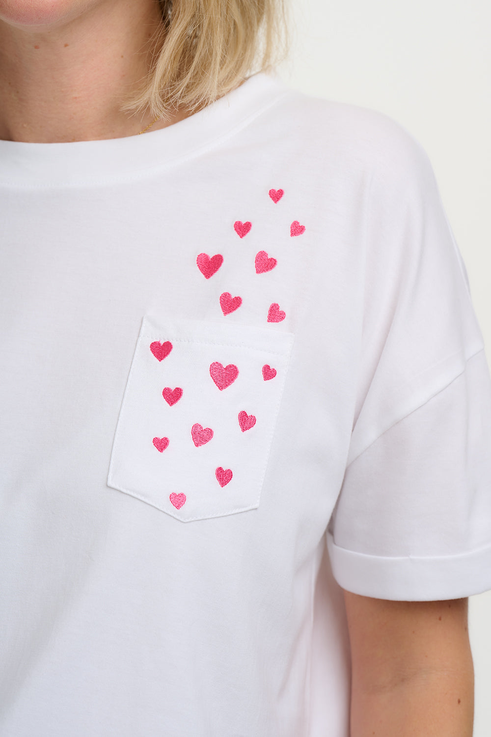 T-Shirt - Celia Heavy-Weight T-Shirt - White, Pocket Hearts
