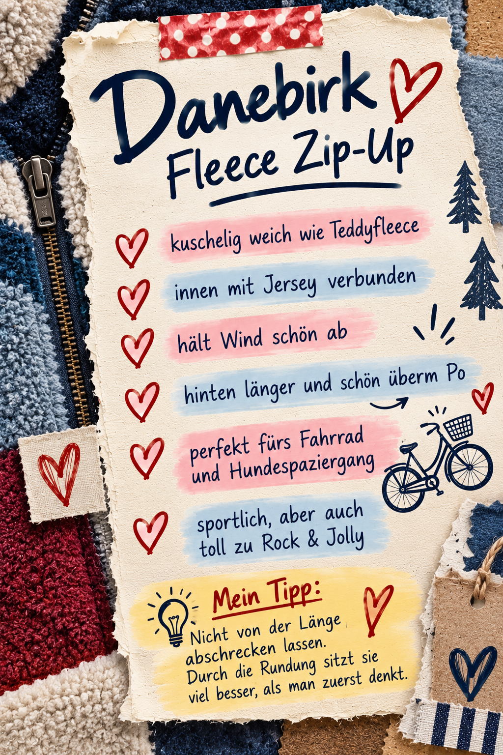 Danebirk Fleece Zip-Up – Notizzettel von Heimatliebe