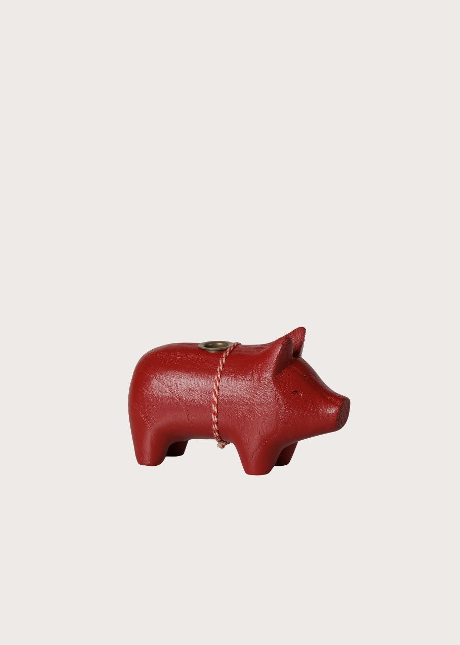 Holzkerzenhalter - Schwein - Klein - Rot